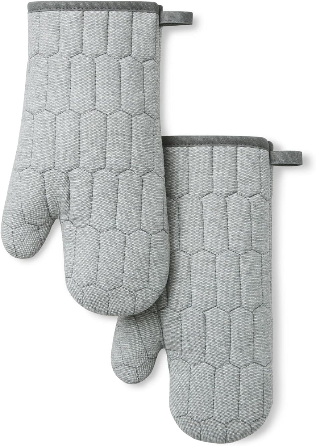 MARTHA STEWART Honeycomb Quilted Chambray Oven Mitt 2-Pack Set, 100% Cotton, Heat Resistant, Flexible Grip, Grey, 7"x13"