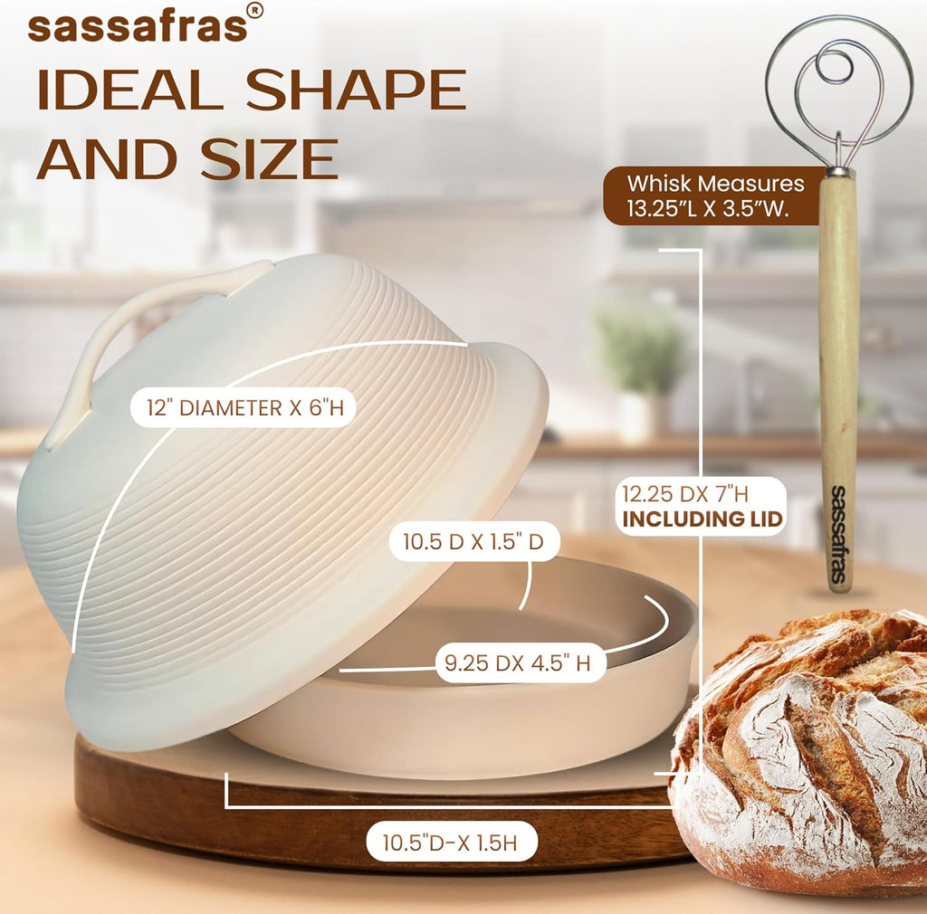 Sassafras Superstone Stoneware La Cloche Bread Baker, Unglazed, Baking Stone for Bread, Capacity 5QT 12”D x7”H with handle, Withstands Temperature 500-2100 Fahrenheit (Bisque + Bread Whisk)