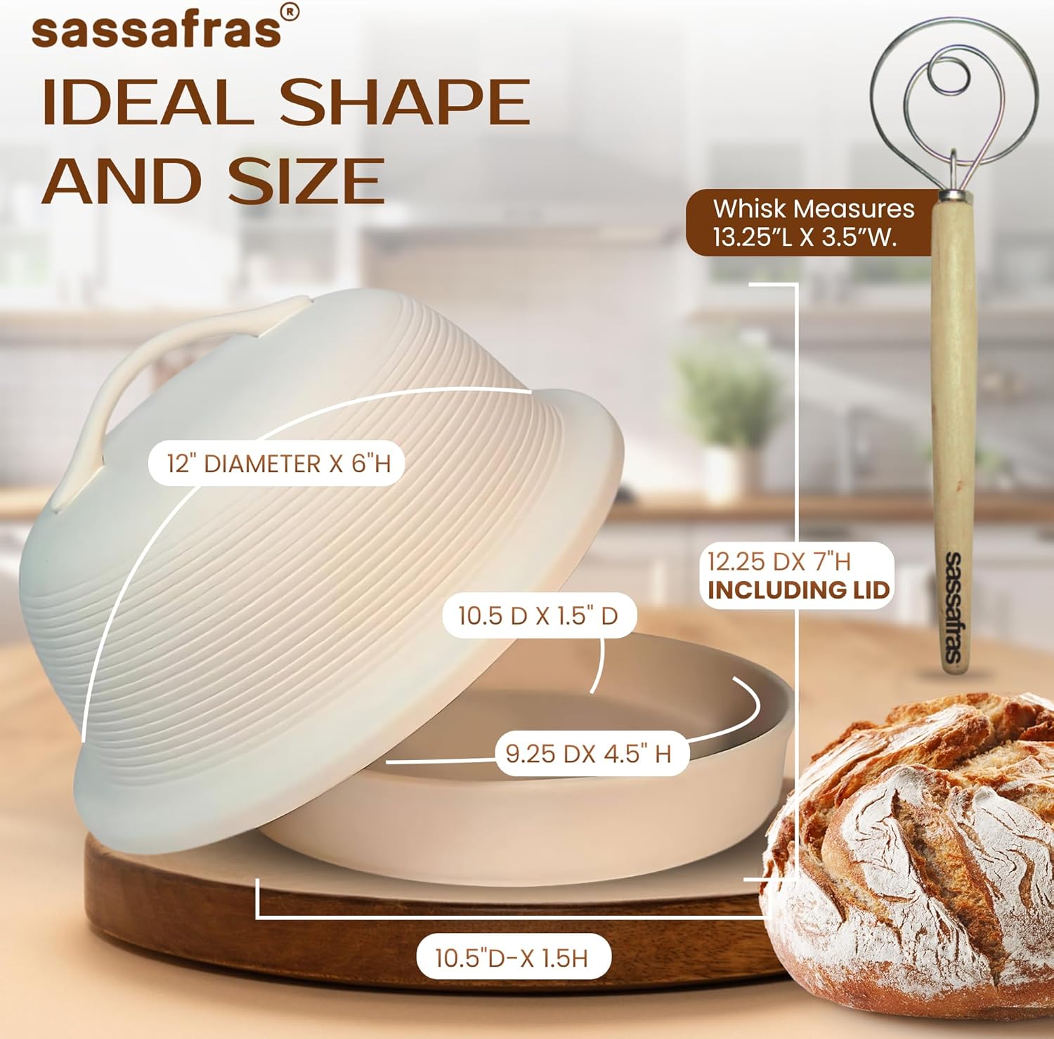 Sassafras Superstone Stoneware La Cloche Bread Baker, Unglazed, Baking Stone for Bread, Capacity 5QT 12”D x7”H with handle, Withstands Temperature 500-2100 Fahrenheit (Bisque + Bread Whisk)