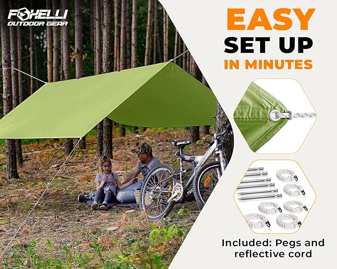 Foxelli Camping Tarp - 12x10ft Waterproof Rain Tarp, Lightweight Backpacking Rainfly Shelter with Included Extra Long Guy Lines & Stakes