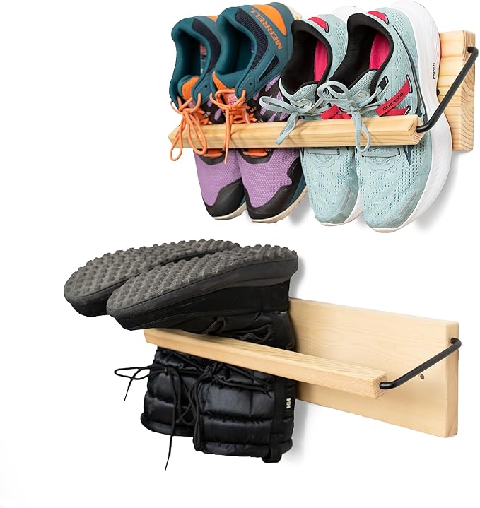 Wall Mounted Shoe Rack - A Wooden, Modern, Slim, and Small Shoe Storage Solution for Shoes and Boots in Narrow Spaces, entryways, or hallways. (20-in-Wide, Pack of 2)