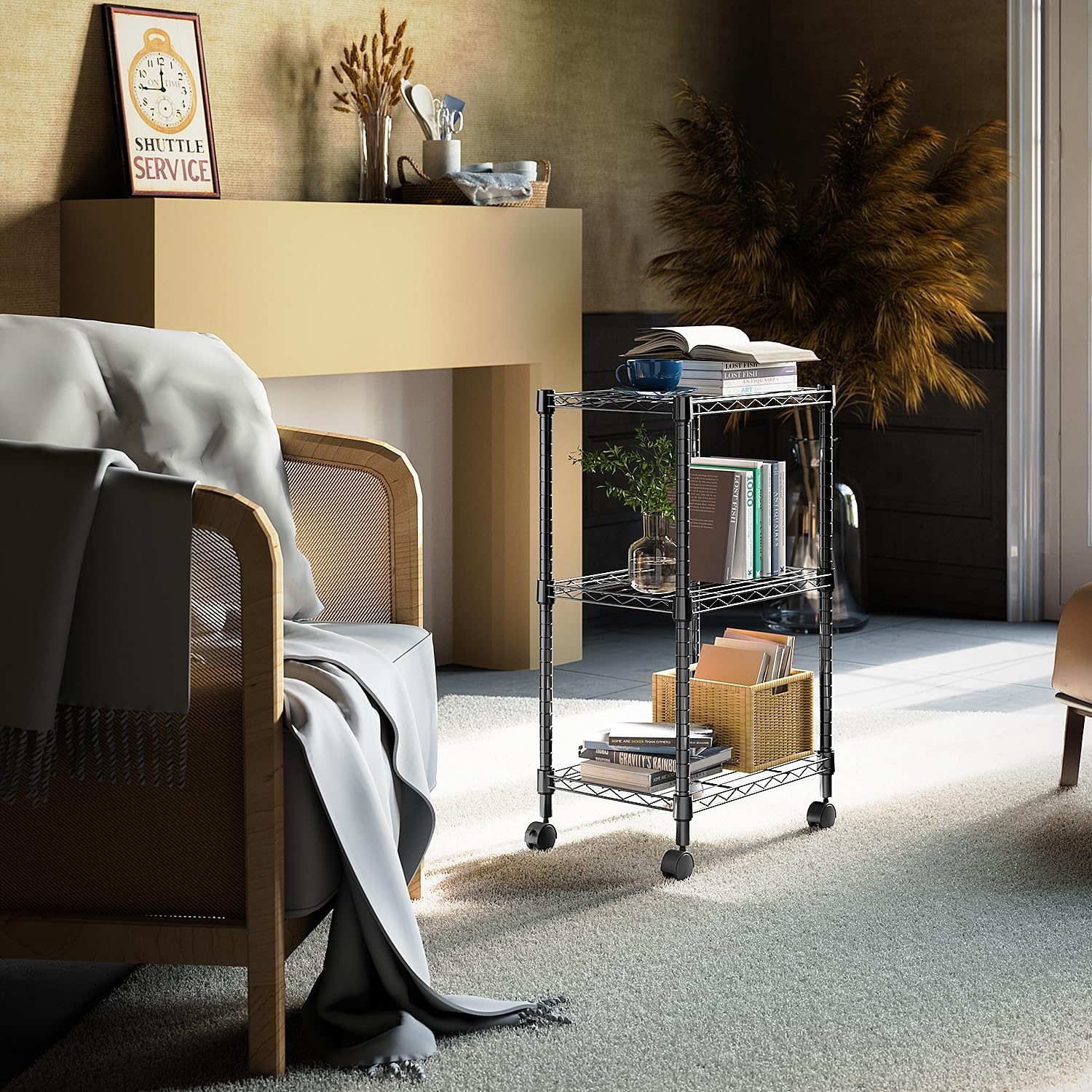 3 Tier Shelf Metal Storage Shelves Wire Rack Closet Organizers with Wheel for Garage Kitchen Bathroom Laundry Black 11.8" D x 17.7" W x 29.8" H