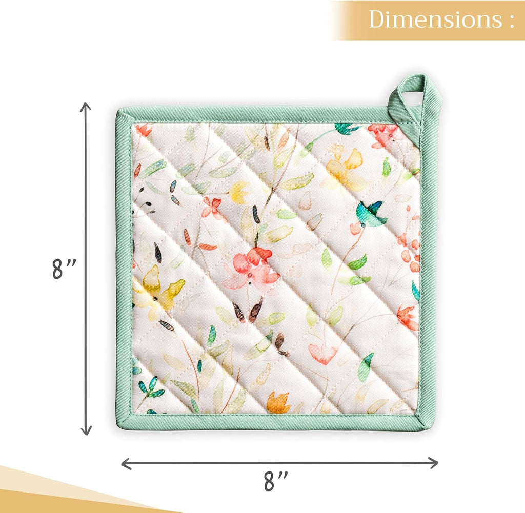 Maison d' Hermine Pot Holders Set 100% Cotton Heat Resistant Potholders 8" x 8" Hot Pads with Loop BBQ, Cooking, Baking, Grilling, Kitchen, Handling Hot Pans Spring/Summer (Pack of 2, Colmar)