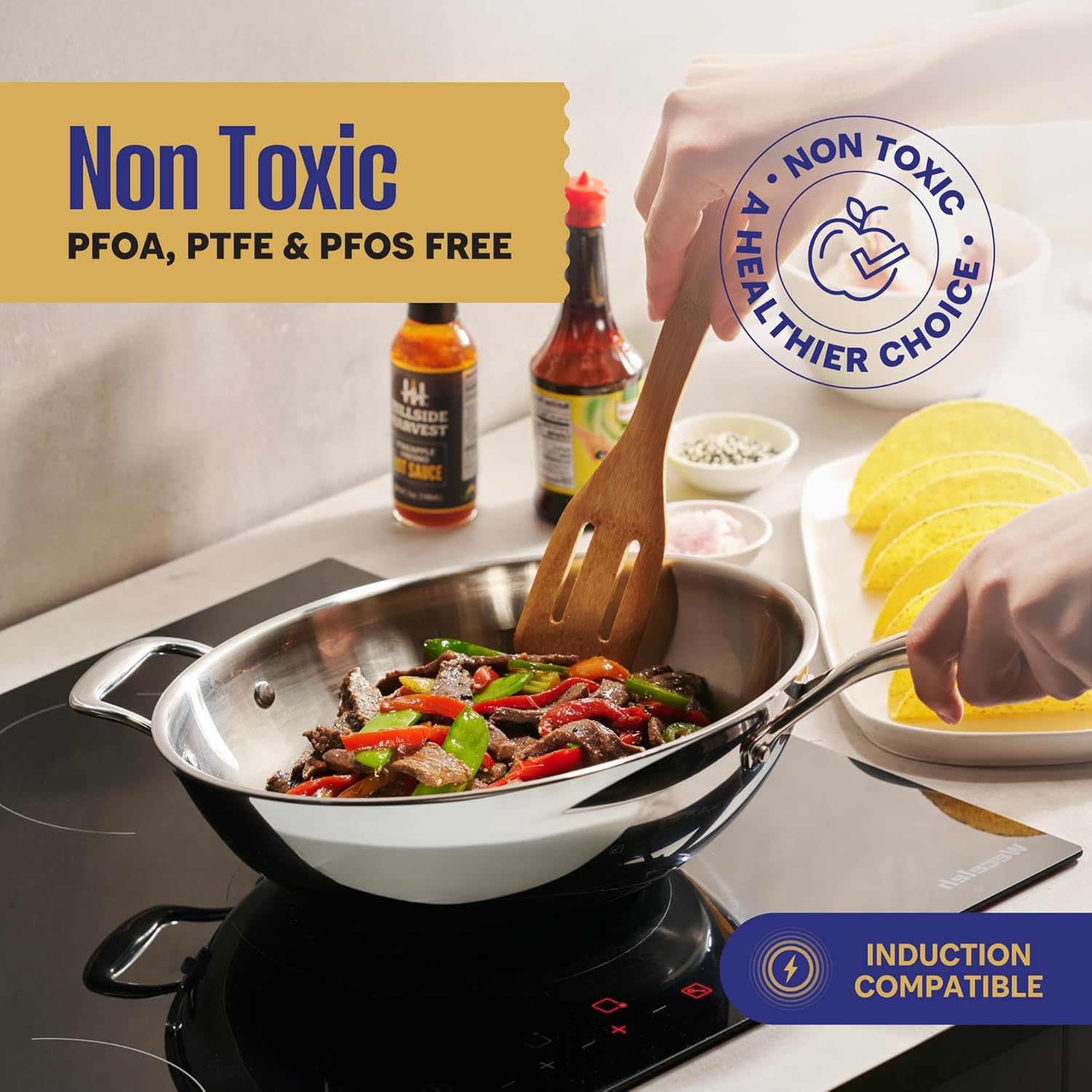 LEGEND COOKWARE Stainless Steel 3 Piece Wok Set | 5 Ply Wok, Induction, Non-Toxic, Oven Safe | Best 18/8 Full Clad | Professional Kitchen Cooking, Heavy Chef Quality | PFOA, PTFE & PFOS Free