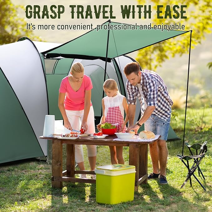 2 Room Family Camping Tent with Porch, Weatherproof Camping Shelter with Rainfly, 2-4 Person Easy Set Up Dome Tent for Outdoor, Picnic, Hiking