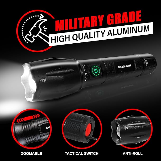 GearLight S1000 Rechargeable LED Tactical Flashlight – 2 Pack, High Lumens, USB-C Fast Charging, Dual-Button, IPX4 Water-Resistant, Pocket-Sized for Camping & Emergencies, with Batteries & Accessories
