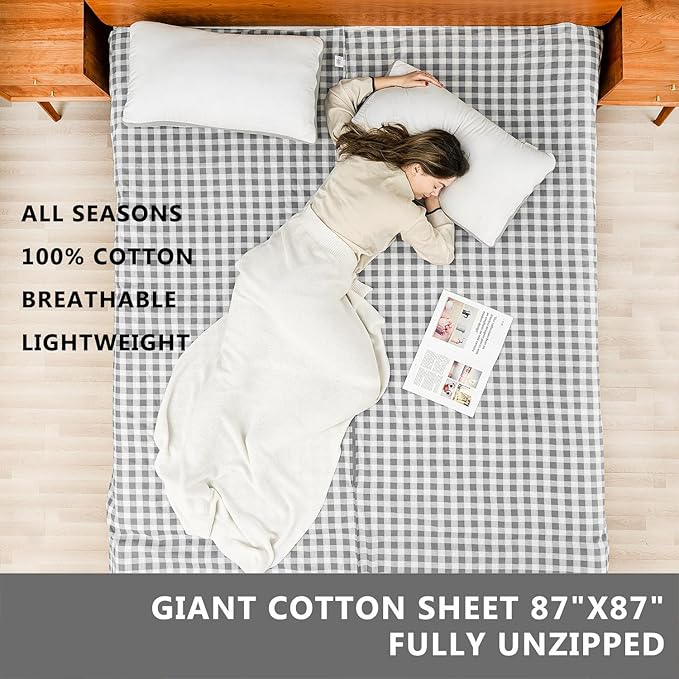 100% Cotton Sleeping Bag Liner with Full Length Zipper on 3 Sides; Single/Double Adult Sleep Sack for Travel & Camping, Multifunctional Travel Sheets (Unzipped 87”x87”) for Hotel, Lightweight