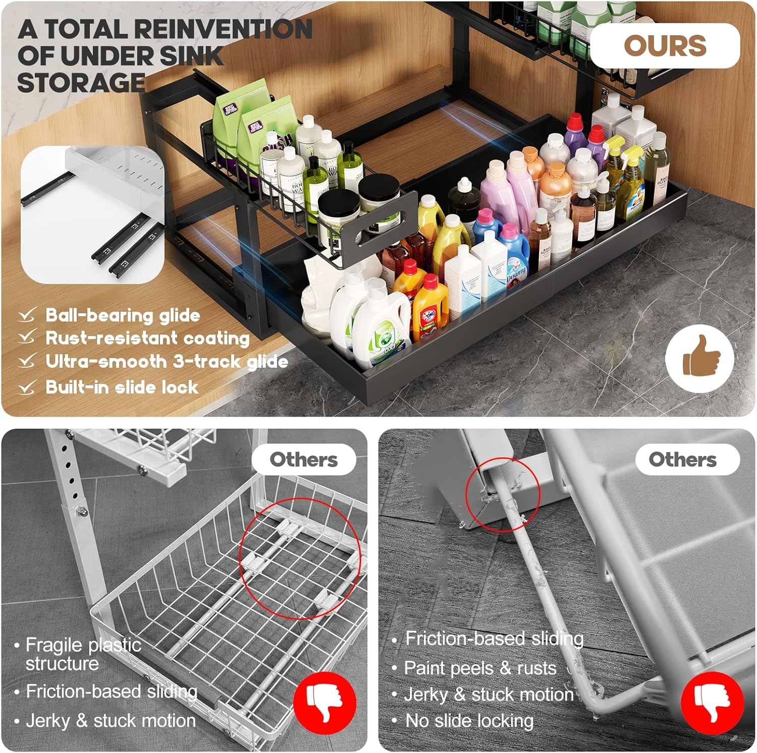 1 Pack-19"-32"W Expandable Under Sink Organizer With Upgrade Ball-Bearing Slide,2-Tier Pull Out Under Cabinet Organizer Height Adjustable,Not Suitable For Cabinets With Partitions In The Middle