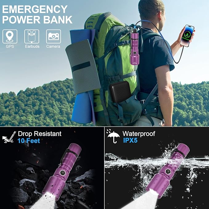 Flashlights High Lumens Rechargeable, 20000 Lumens Super Bright 1500 Meters Long Range Small Powerful Flashlight, 6 Modes LED Tactical Pocket Waterproof Flash Light for Camping (2, Black/Purple)