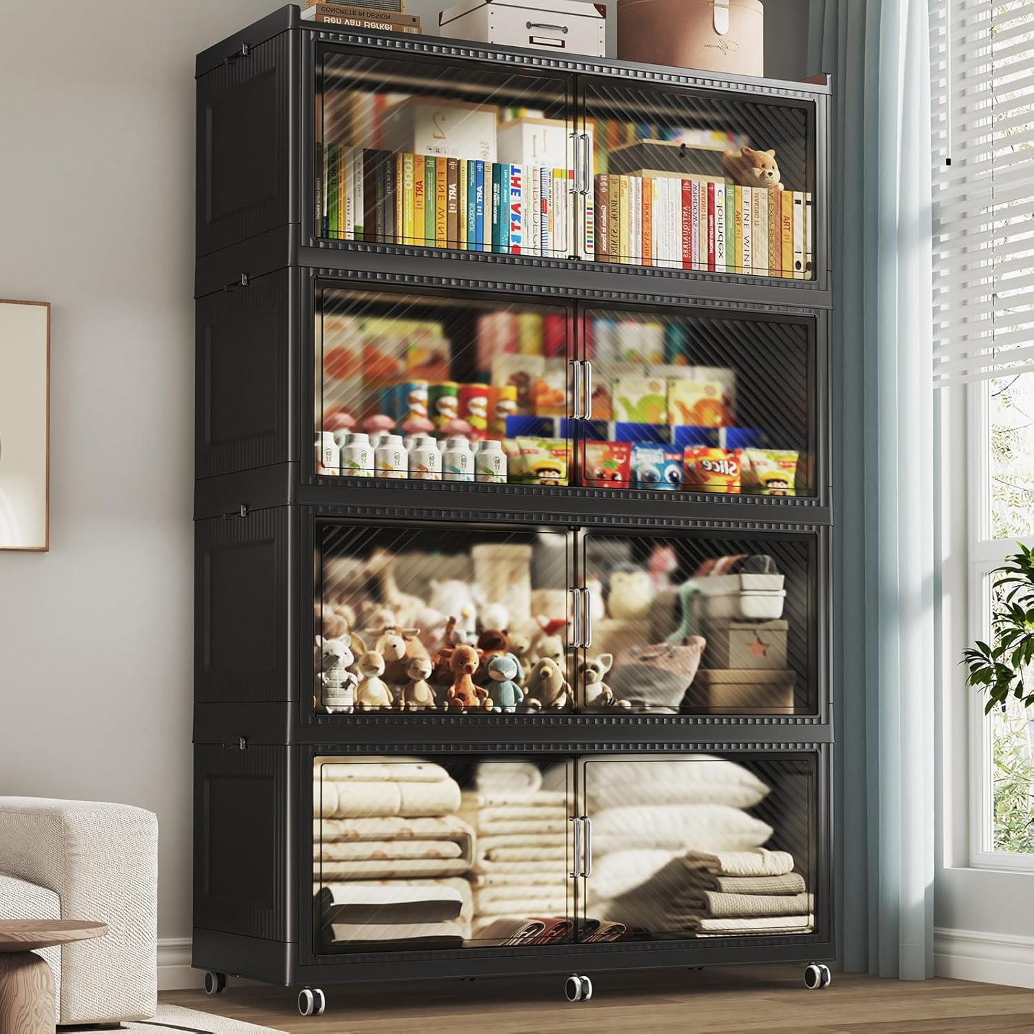 200GAL Extra Large Storage Bins with Lid, 800QT Plastic Stackable Storage Bins with 6x Wheels, Collapsible Closet Organizer and Storage Drawer Cabinet for Living Room Office Dorm, 4Pack Black