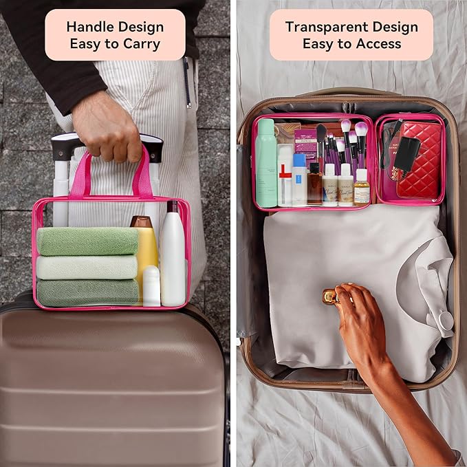 TISRATOK 10 PCS Clear Travel Makeup Toiletry Bag, Plastic PVC Cosmetic TSA Approved Organizer Kit with Zipper Handbag（Rose Red）