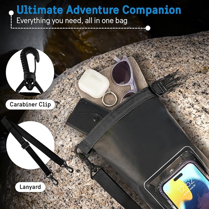 Pelican Marine IP68 Waterproof Dry Bag 2L - Roll Top Waterproof Backpack w/ Phone Case / Pouch - Boating & Kayak Accessories - Essentials for Camping Swimming Beach Fishing Rafting Travel - Black