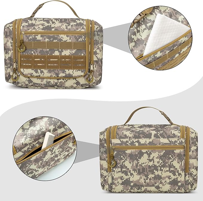 Tactical Toiletry Travel Bag for Men, Hanging Dopp Kit Hygiene Bag Shower Organizer with Hook for Toiletries and Shaving Care, Desert Yellow (Empty Bag)