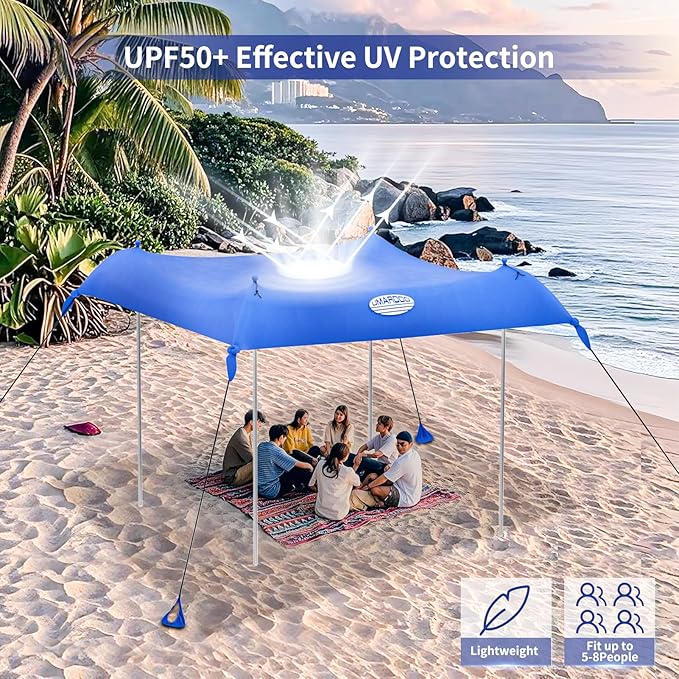 UMARDOO Family Beach Tent Canopy Sun Shade Portable 10×10FT, Large Wind Resistance Beach Sun Shelter Easy Setup with Packable Carry Bag for Outdoor Travel UPF 50+ (Blue)