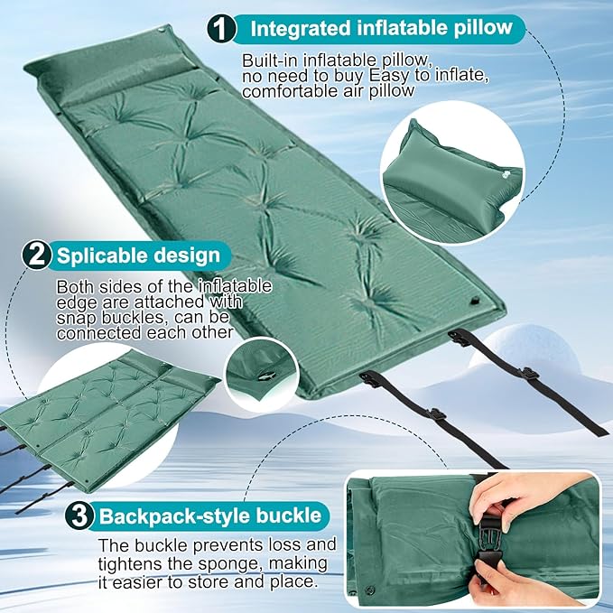 2 Pack Self Inflating Sleeping Pads with Pillow, Ultralight Camping Mat,connectable Portable Pad,lightweight Inflatable Mattress Pad, Insulated Foam Sleep Mat for Backpacking, Tent, Hammock
