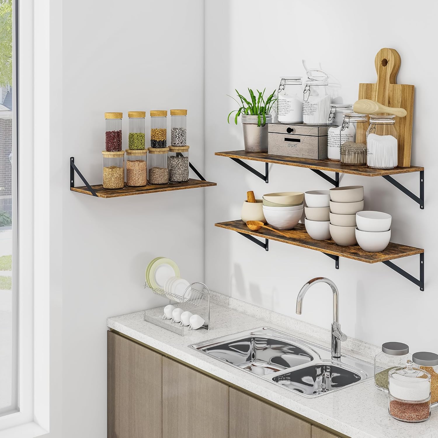 Heimlove Deep Floating Shelves for Wall, 24W x 12D Wood Wall Shelves Set of 2, Wide Floating Bookshelf for Living Room, Kitchen, Office, Bedroom and Decor Storage, with Metal Bracket - Rustic Brown