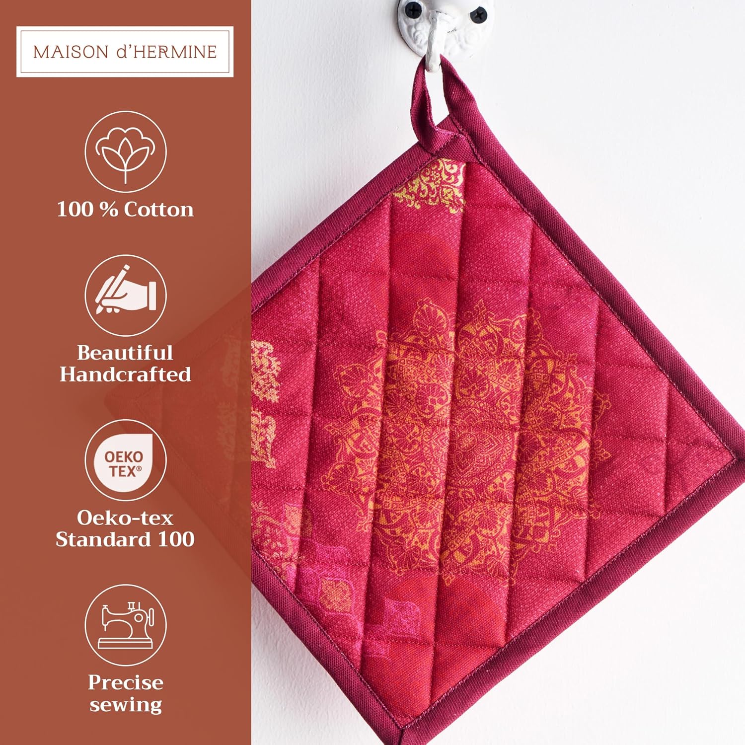 Maison d' Hermine Pot Holders Set 100% Cotton Heat Resistant Potholders 8" x 8" Hot Pads with Loop BBQ, Cooking, Baking, Grilling, Kitchen, Handling Hot Pans (Pack of 2, Versailles)