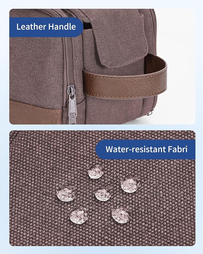 WANDF Toiletry Bag for Men Travel Toiletry Organizer Canvas and Leather Dopp Kit Water-Resistant Shaving Bag for Travel Accessories (Brown, Patent Pending)