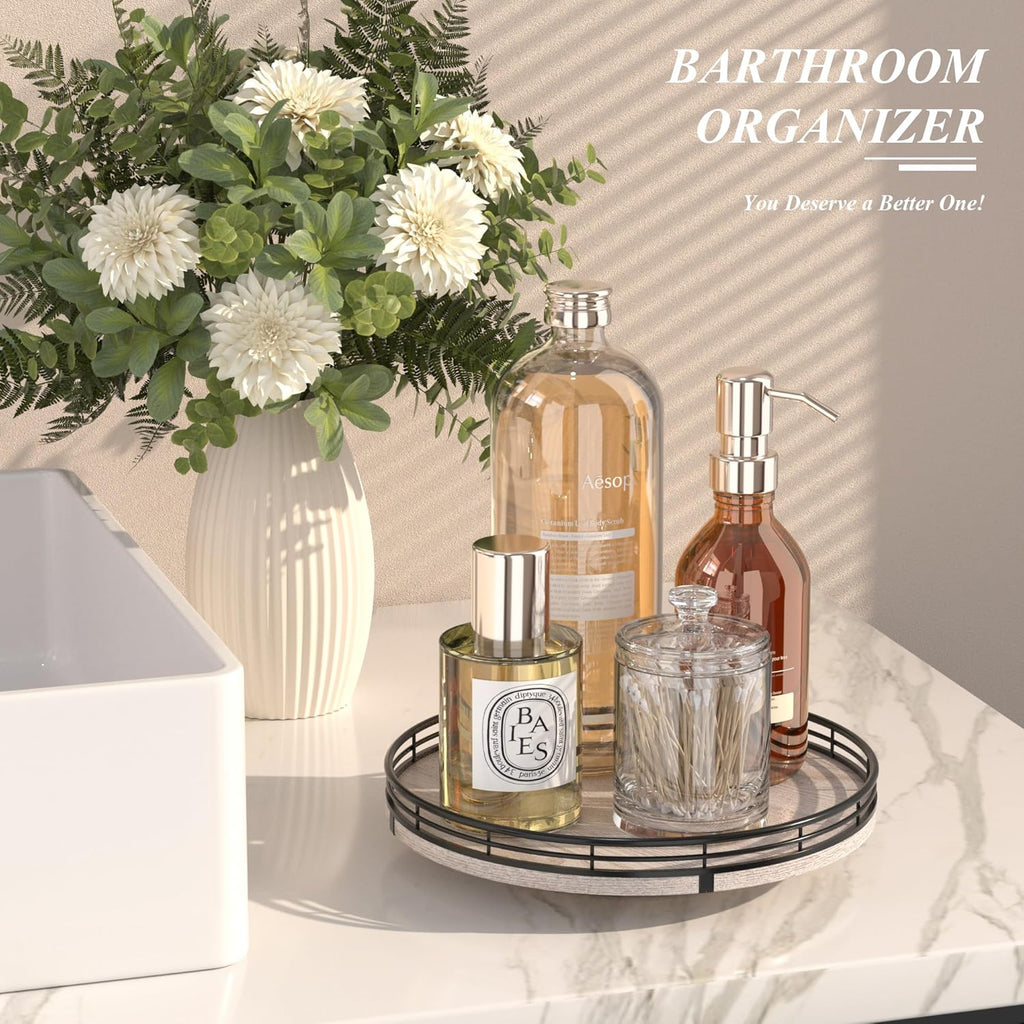 10" Oak Bathroom Vanity Tray Turntable for Perfume Candle, Round Wooden Decorative Tray for Kitchen Sink Countertop Organizer, Bathroom Counter Organizer for Skincare Makeup, Rustic White
