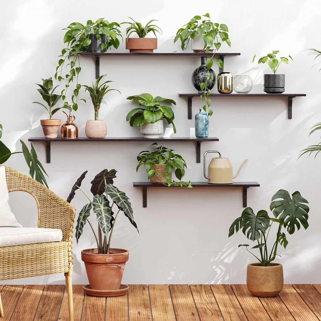 DINZI LVJ Long Wall Shelves, 23.6 Inch Wall Mounted Shelves Set of 2, Easy-to-Install, Wall Storage Ledges with Sturdy Metal Brackets for Living Room, Bathroom, Bedroom, Kitchen, Espresso