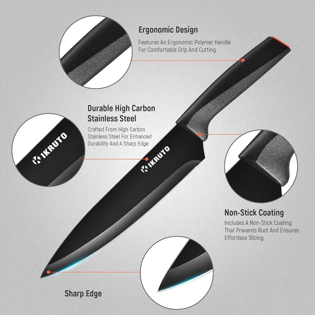 15-Piece Professional Kitchen Knife Set with Block – Built-in Sharpener, Anti-Slip Handles, Non-Slip Base – Effortless Cooking Tools for Chefs & Home Cooks (Black Red)