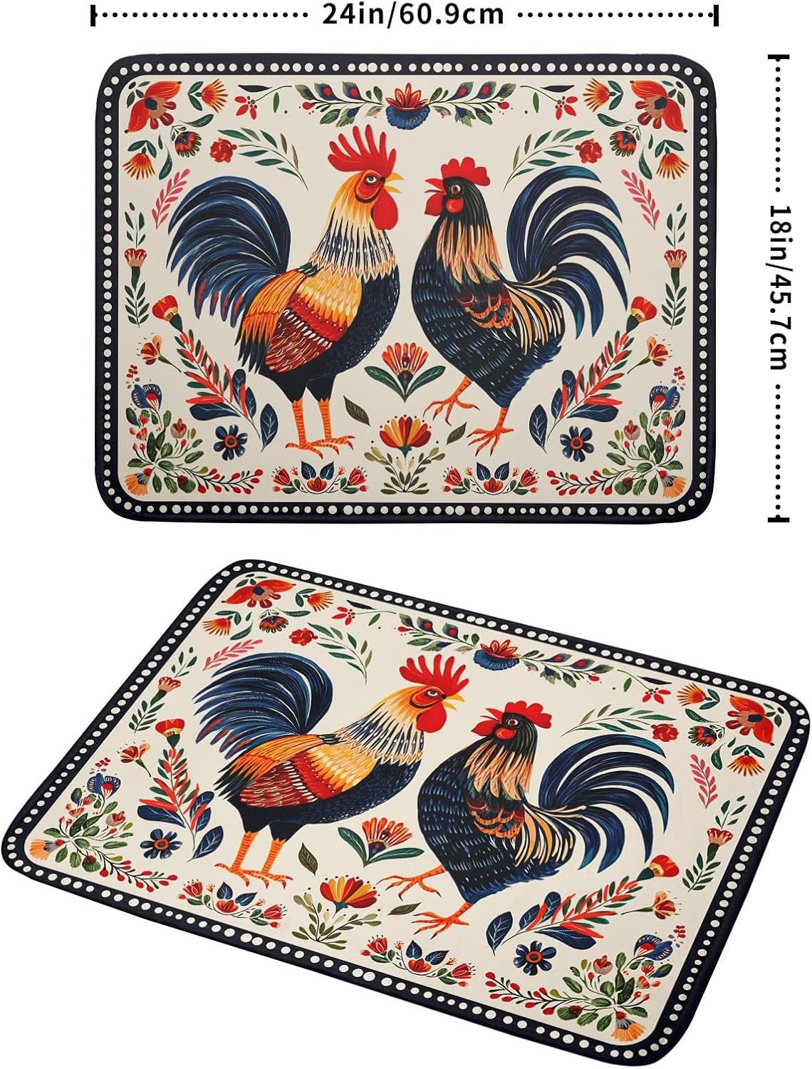Rooster Poultry Dish Drying Mat for Kitchen Counter 18x24 Inch Microfiber Absorbent Colorful Printing Drying Pad