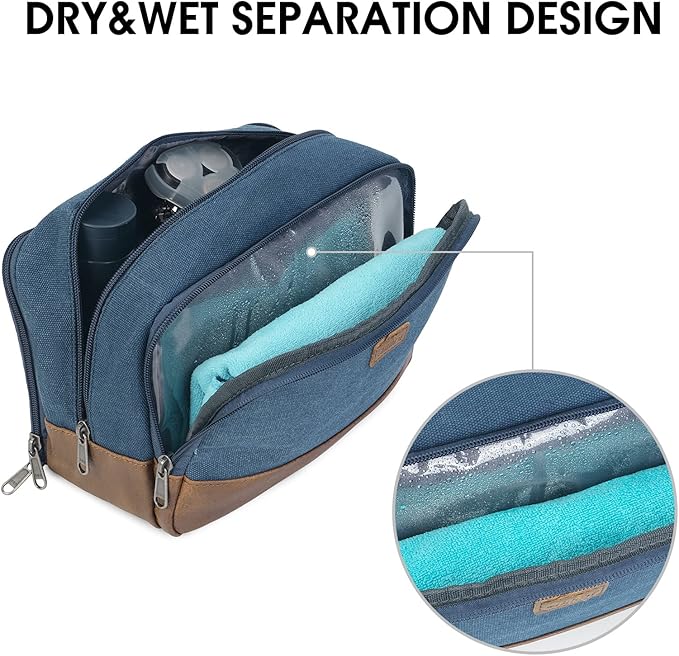 WANDF Travel Toiletry Bag for Men Large Toiletries Shaving Bag Water Resistant Hanging Dopp Kit Travel Accessories Bag for Women Men (Blue)