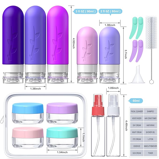 19 Pack travel Bottles for Toiletries, Silicone TSA Approved Travel Size Containers for toiletries Leak Proof Refillable Travel Accessories for Shampoo Conditioner Lotion