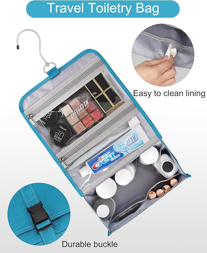 Relavel Hanging Toiletry Bag for Women and Men, Small Travel Bag for Girls Compact Size with Multiple Compartments Waterproof Travel Kit Wash Bag Makeup Storage Organizer Gym Shower Bag Blue