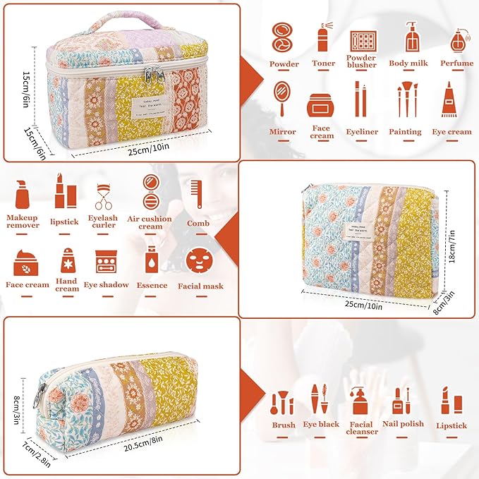 Makeup Bag Set, Quilted Makeup Bag, Large Floral Cosmetic Bag for Women, Cute Cotton Makeup Bag, Flower Travel Toiletry Organizer Bag(Color-Coded Floral)
