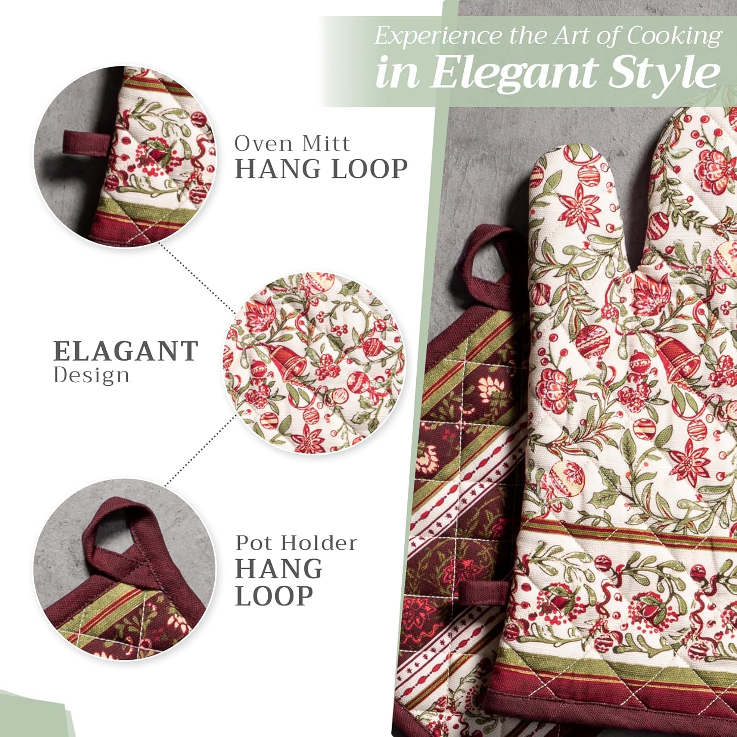 Maison d' Hermine 100% Cotton Oven Mitt & Pot Holder Set (7.5"x13" & 8"x8") Heat Resistant BBQ Cooking Gloves with Loop, Baking, Grilling, Kitchen, Handling Hot Pans (Reveillon Au Jardin)