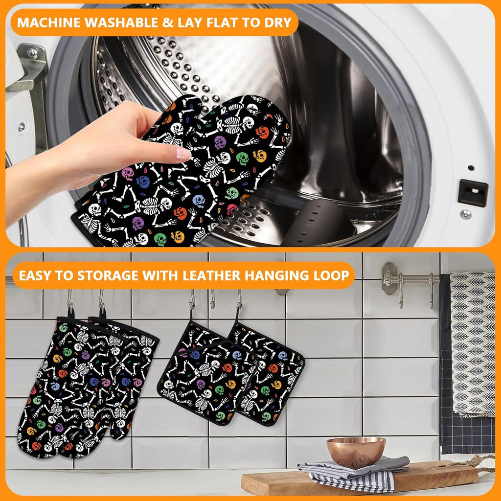 Skeleton Oven Mitts and Pot Holders Sets 4Pcs,Extra Long Oven Gloves Potholder for Kitchen Cooking Baking BBQ 100% Cotton Heat Resistant