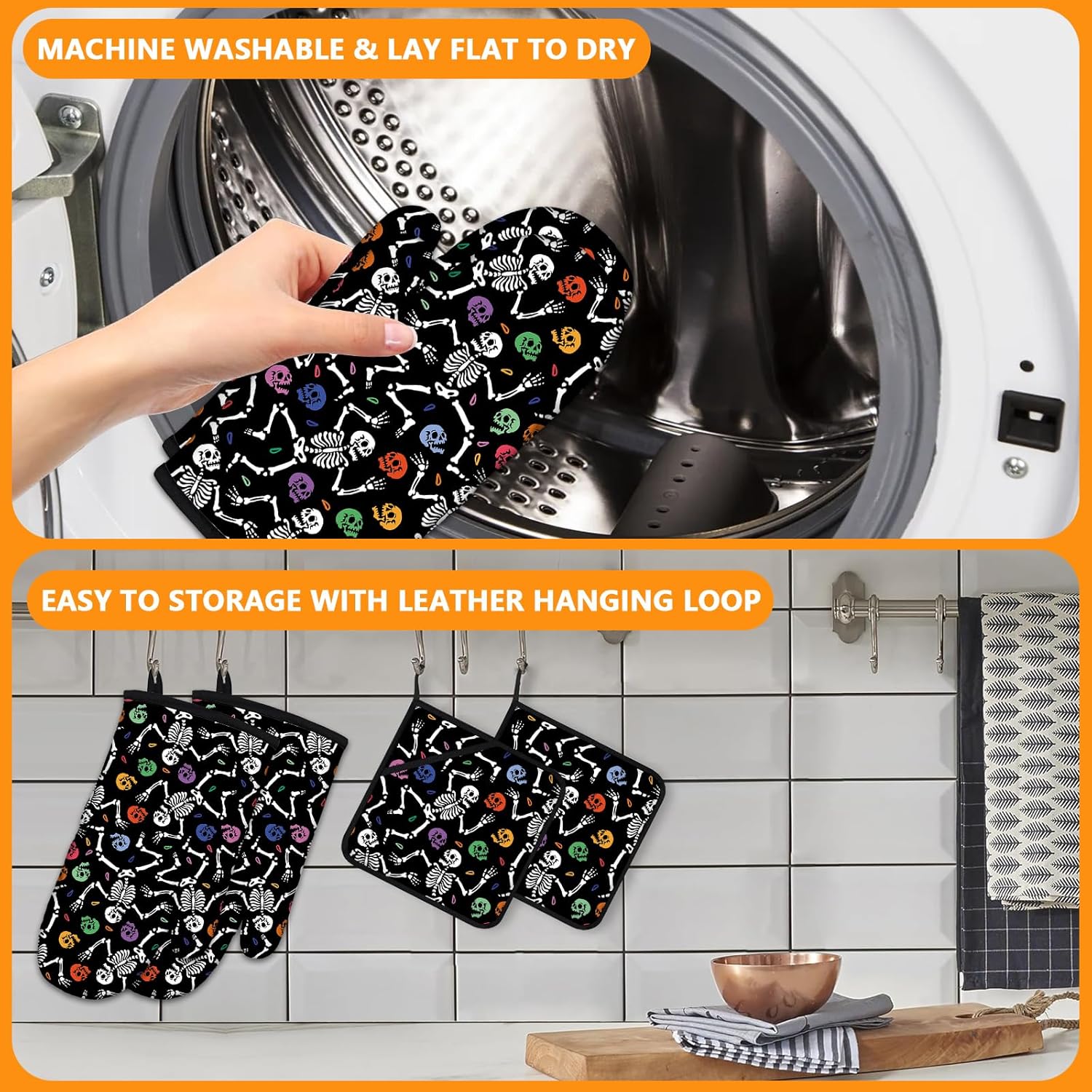Skeleton Oven Mitts and Pot Holders Sets 4Pcs,Extra Long Oven Gloves Potholder for Kitchen Cooking Baking BBQ 100% Cotton Heat Resistant