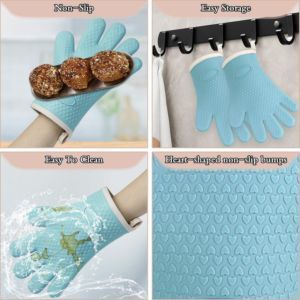 Oven Mitts with Fingers, Heat Resistant 500°F, Waterproof & Non-Slip Kitchen Gloves for Baking, Grilling, Cooking - 5-Finger Design with Soft Lining, Hanging Hook,Pale Blue