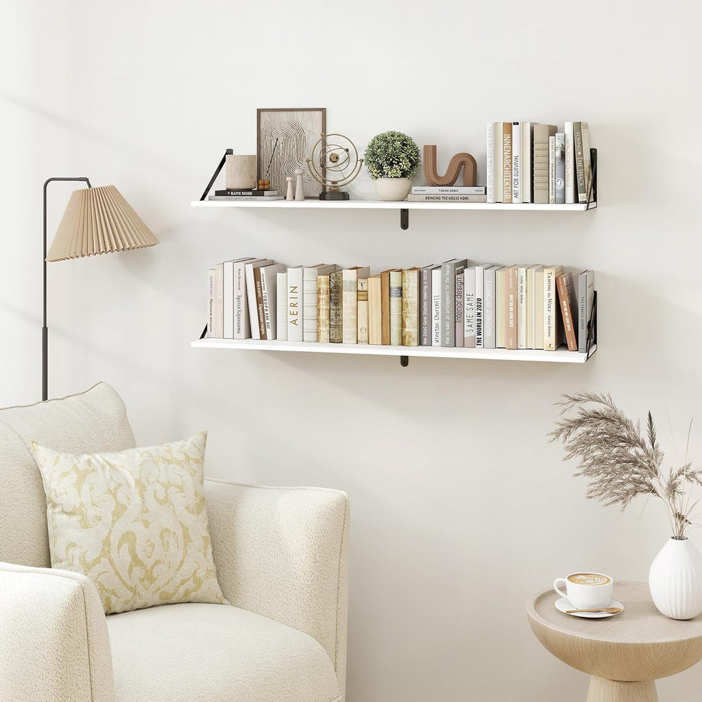 Heimlove White Deep Floating Shelves for Wall, 40W x 8D Wood Wall Shelves Set of 2, Wide Floating Bookshelf for Living Room, Kitchen, Office, Bedroom and Decor Storage, with Black Bracket - White