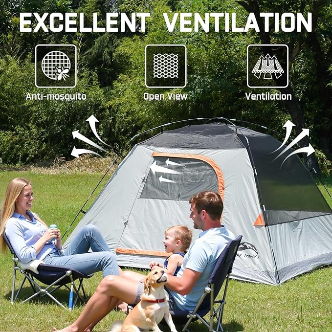 Happy Travel Camping Tent, 4 Person Dome Tents for Camping with Rainfly, Waterproof Clip Easy Setup Portable Family Tent with Mesh Windows, 20% More Headroom Backpacking Tents for Camping & Hiking
