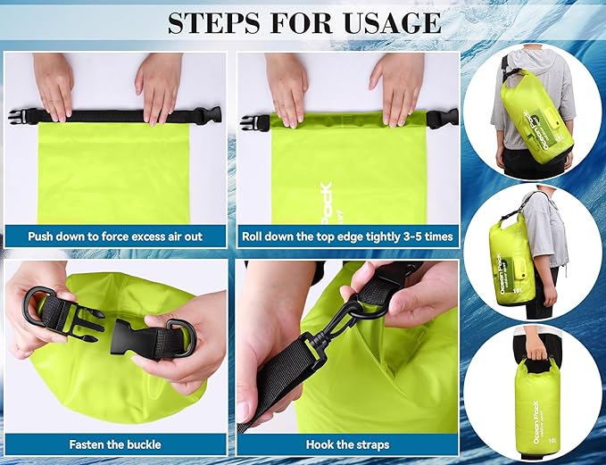 2 Pieces Waterproof Dry Bag for Women and Men, 10L Roll Top Waterproof Backpack Sack with Waterproof Phone Case, for Hiking, Backpacking, Kayaking, Camping, Swimming, Boating(grass green)