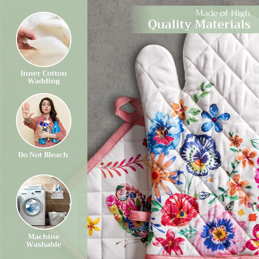 Maison d' Hermine 100% Cotton Oven Mitt & Pot Holder Set (7.5"x13" & 8"x8") Heat Resistant BBQ Cooking Gloves with Loop, Grilling, Kitchen, Handling Hot Pan Spring/Summer (Happy Florals - High Summer)