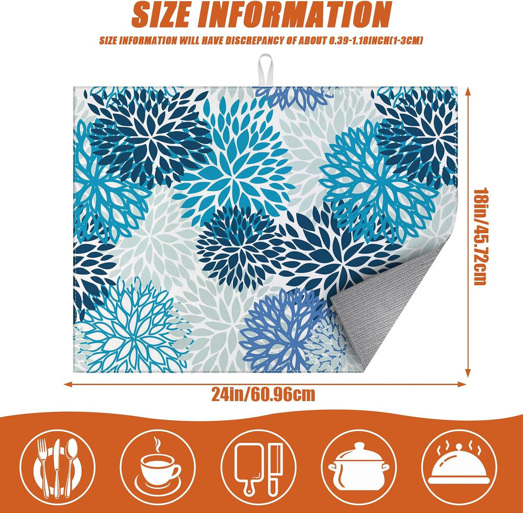 Blue Floral Dish Drying Mat for Kitchen Counter Microfiber Absorbent Dish Kitchen Drying Mat Draining Reusable Washable for Dishes/Utensils/Counterto