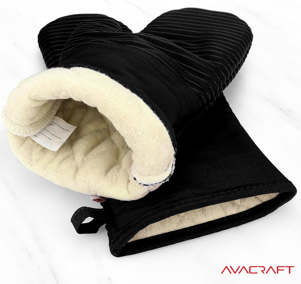 AVACRAFT Oven Mitts Pair, Black - Flexible, 100% Cotton with Unique Heat Resistant Food Grade Silicone, Thick Terry Cloth Interior, 500 F Heat Resistant