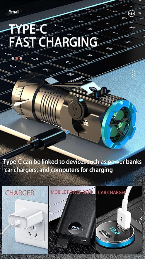 Mini Multifunction Rechargeable Multi Function 1000 Lumens LED Flashlight, with Emergency Strobe Light and 1200 Mah Battery, Emergency Power Supply and USB Charging Cable, Fast Charging