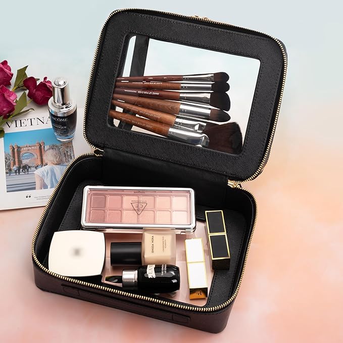 Aveniee Clear Makeup Bags, Double Layer Cosmetic Bags with a Separate Brush Compartment, Travel Toiletry Bag Train Case for Women, Travel Accessories Organizer for Purse(2 Layers Large, Black)