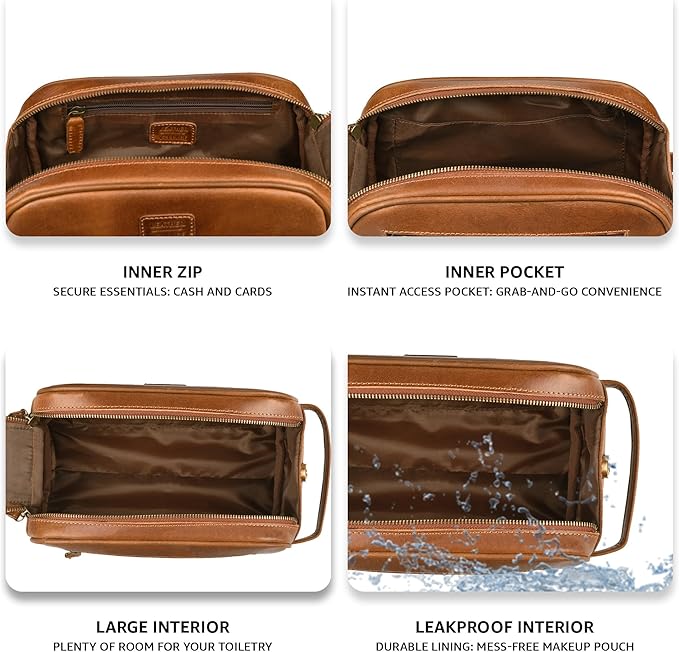 LEATHER VILLAGE Premium Leather Toiletry Travel Pouch With Waterproof Lining - Sun Tan | King-Size Handcrafted Vintage Dopp Kit Bag