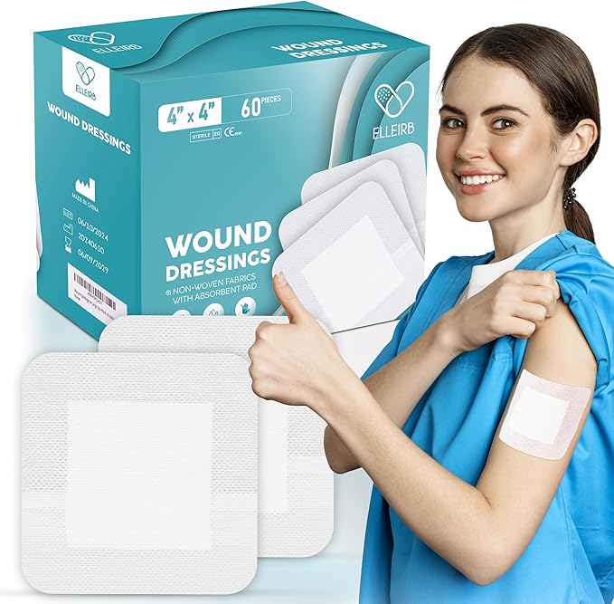Elleirb Water-Resistant Island Dressing 4x4, Non-Stick Pads w/Adhesive Border Bandages for Wounds | 60 Individually Packed Wound Care & Dressings, Sterile Highly Absorbent, Latex-Free First-Aid Kits