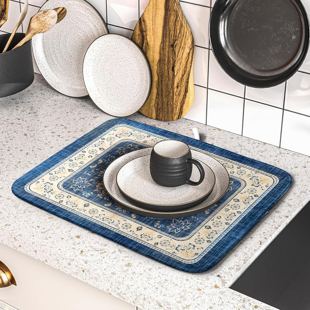 Blue Boho Dish Drying Mat for Kitchen Counter 16x18 Inch Fast Dry Drying Pad Vintage Floral Dish Drainer Rack Mats Coffee Bar Accessories