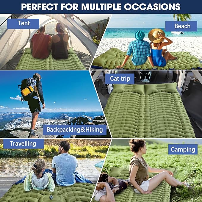 Double Sleeping Pad for Camping - Ultralight Camping Mattress with Pillow, Built-in Foot Pump, Compact Inflatable 2-Person Portable Mat for Backpacking, Hiking, Car Traveling, Beach, Tent