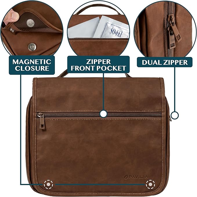 PAVILIA Hanging Toiletry Bag Women Men, Foldable Cosmetic Organizer Travel Bag, Water Resistant Makeup Bag Toiletries, Large Travel Essentials Kit (Dark Brown)