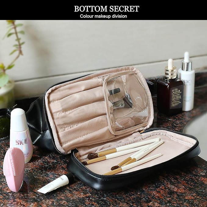 Abiudeng Large Capacity Makeup Bag Ladies Cosmetic Bag Travel Bag with Compartments Portable PU Leather Travel Makeup Bag with Handle