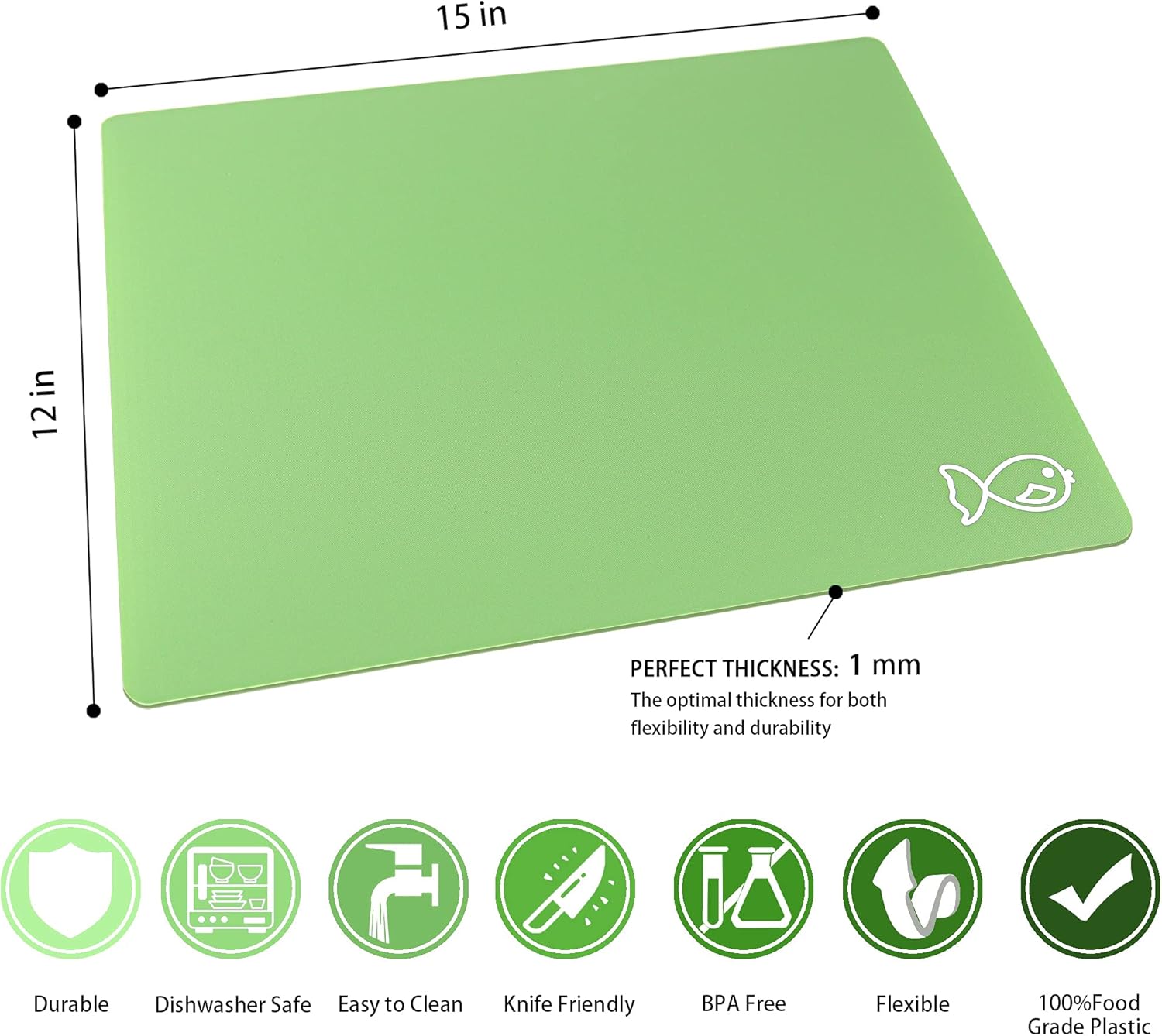 ZVP Plastic Cutting Boards for Kitchen, Flexible Cutting Mats, Gradient Green Chopping Boards with Food Icon, Non-Slip, Non Porous, BPA Free, Dishwasher Safe