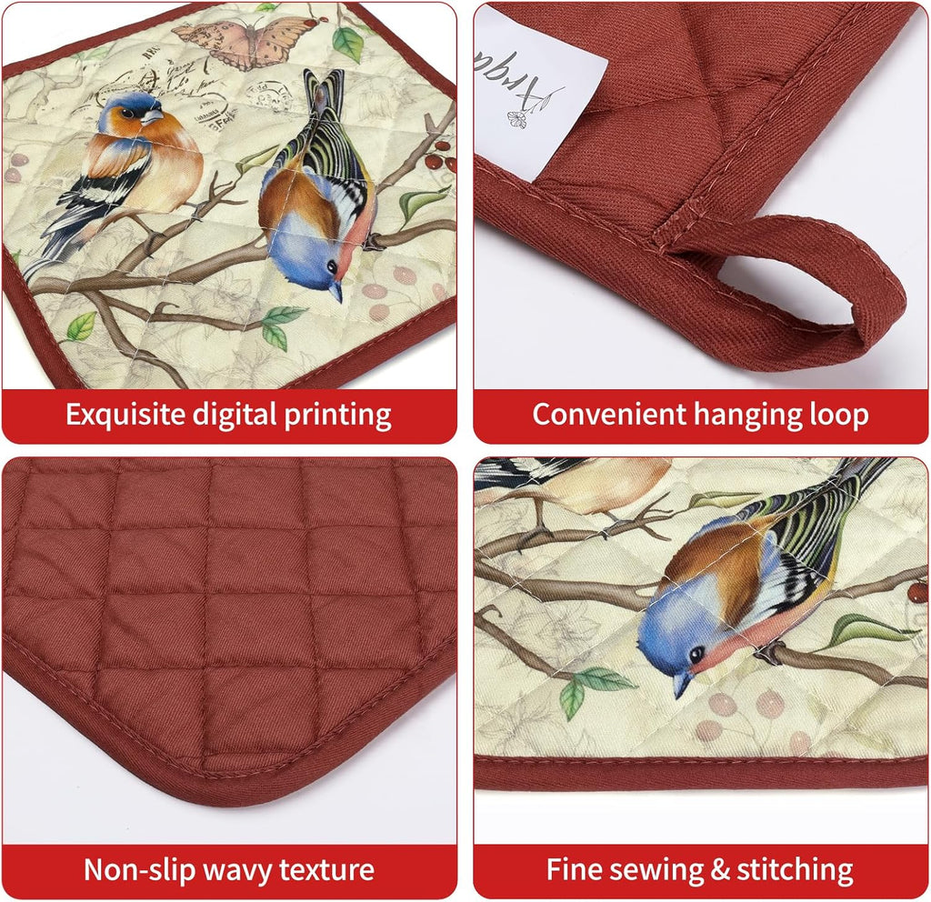 Vintage Bird Oven Mitts and Pot Holders Sets 4Pcs, 100% Cotton Heat Resistant, Extra Long Oven Gloves Potholder for Kitchen Cooking Baking Decoration
